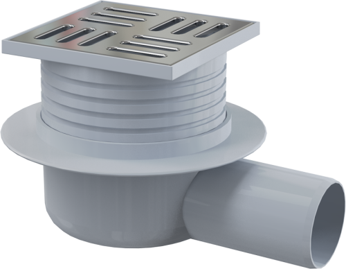 Сливной трап Alcapalst 105х105/50 мм, заниженный, боковая подводка, решетка из нержавеющей стали, гидрозатвор мокрый APV26