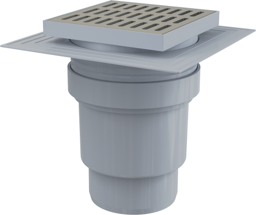 Сливной трап Alcaplast 150 × 150/110, подводка – прямая, решетка – нержавеющая сталь, воротник – 2-х уровневая изоляция, гидрозатвор – мокрый APV13