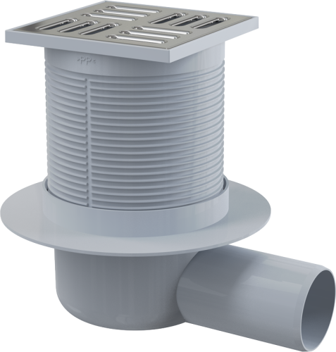 Сливной трап Alcaplast 105х105/50 мм, боковая подводка, решетка из нержавеющей стали, гидрозатвор мокрый APV1