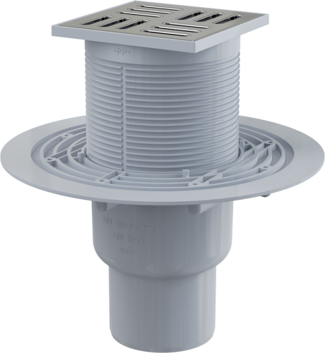 Сливной трап Alcaplast 105х105/50 мм, прямая подводка, решетка из нержавеющей стали, гидрозатвор мокрый APV201