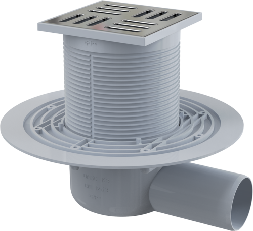 Сливной трап Alcaplast 105х105/50 мм, боковая подводка, решетка из нержавеющей стали, гидрозатвор мокрый APV101