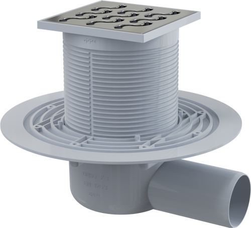 Сливной трап Alcaplast 105х105/50 мм, боковая подводка, решетка латунь-хром, гидрозатвор мокрый APV102