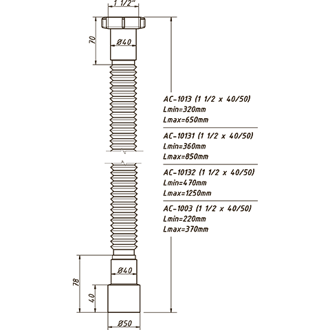 Гофра для сифона 1 1/2"x40/50 длина 320-650 мм Orio АС-1013