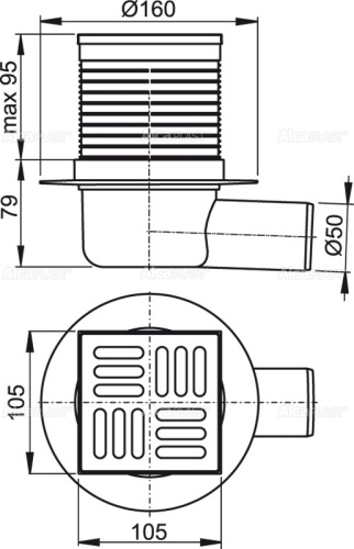 Сливной трап Alcaplast 105х105/50 мм, боковая подводка, решетка из нержавеющей стали, гидрозатвор мокрый APV1