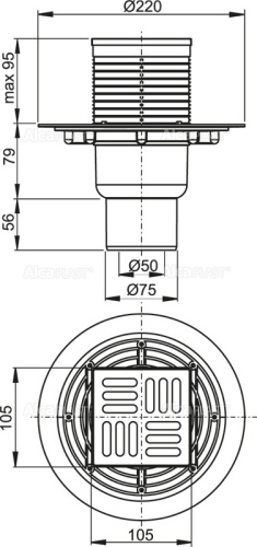 Сливной трап Alcaplast 105х105/50 мм, прямая подводка, решетка из нержавеющей стали, гидрозатвор мокрый APV201