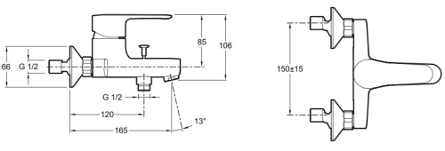 Смеситель для ванны Jacob Delafon July E16033-4-CP хром, настенный, картридж с регулируемым ограничителем температуры