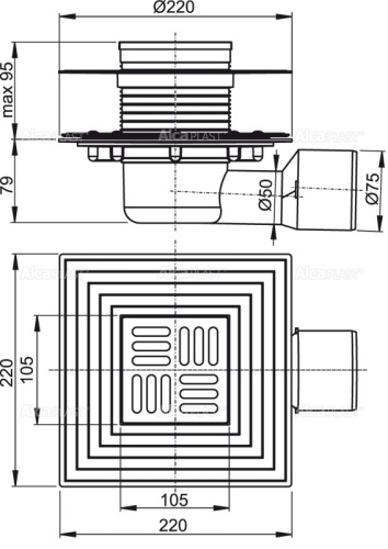 Сливной трап Alcaplast 105х105/50/75 мм, боковая подводка, решетка и фланец из нержавеющей стали, воротник – 2–х уровневая изоляция, гидрозатвор – сухой и мокрый APV3344