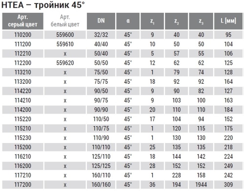 Тройник 40x45° косой, PP HTEA Ostendorf внутренняя канализация