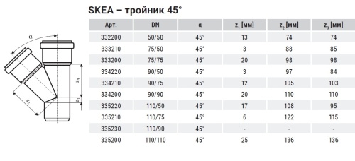 Тройник 58x45° косой, SKEA Ostendorf Skolan Safe бесшумная канализация
