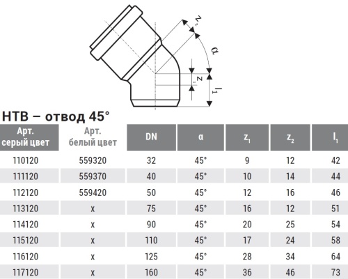 Отвод 50x45° PP HTB Ostendorf внутренняя канализация