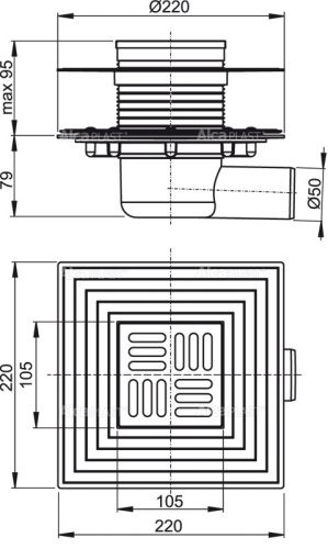 Сливной трап Alcapst 105х105/50 мм, боковая подводка, решетка и фланец из нержавеющей стали, воротник - 2-х уровневая изоляция, комбинированный гидрозатвор SMART APV1324