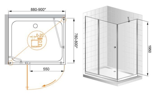 Душевой уголок 90x80 Cezares ELENA-W-AH-1-90/80-C-Cr