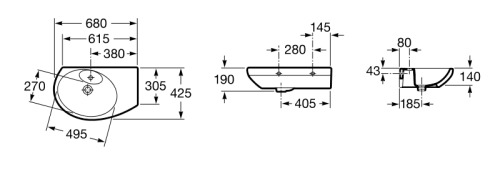 Угловая раковина Roca Dama Senso 680x425 полка справа 327519000