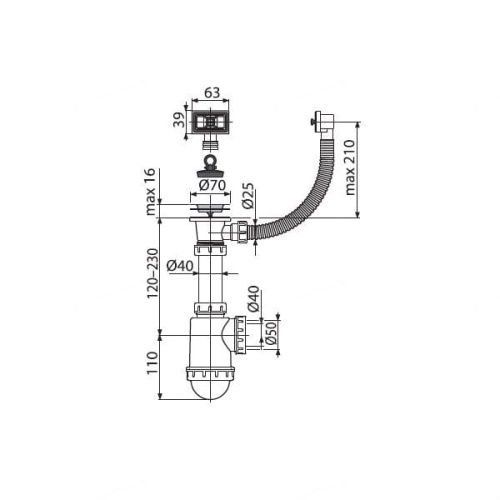 Сифон Alcaplast для мойки с нержавеющей решеткой d 70 мм, с гофропереливом A444-DN50/40