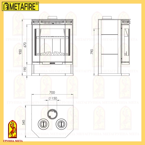 Печь-камин Мета «Ангара-12» с чугунной вар. плитой, 12 кВт