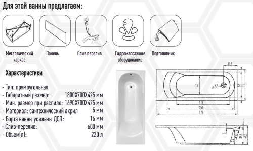 Акриловая ванна Eurolux MIAMIKA 180х70 E1018070022