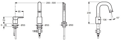 Смеситель для ванны Jacob Delafon Singulier E10873-CP хром, на 3 отверстия, поворотный излив (136мм)