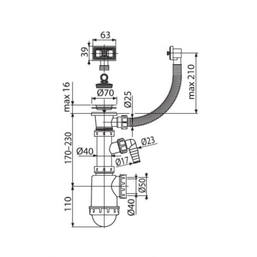 Сифон Alcaplast для мойки с нержавеющей решеткой d 70 мм, с гофропереливом и штуцером A444P-DN50/40