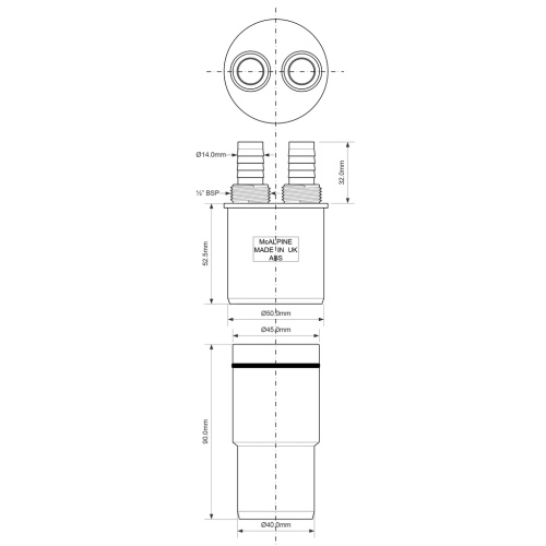 Адаптер для слива бытовой техники два штуцера 14x1/2" выход 50/40 McAlpine