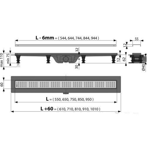Душевой лоток Alcaplast Simple APZ10-950M, L 950 мм пластик, с решеткой из нержавеющей стали, матовый