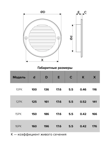 10РК, Решетка вентиляционная круглая D136 вытяжная АБС с фланцем D100