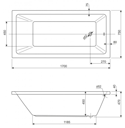 Акриловая ванна Riho 1700x700x470 PLANE SOLO-170-70-45