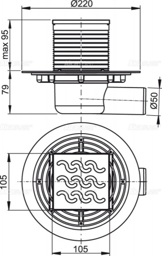 Сливной трап Alcaplast 105х105/50 мм, боковая подводка, решетка латунь-хром, гидрозатвор мокрый APV102