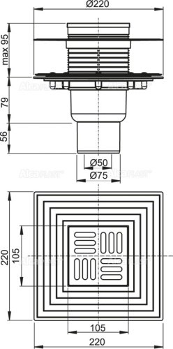 Сливной трап Alcaplast 105х105/50/75 мм, прямая подводка, решетка и фланец из нержавеющей стали, воротник – 2–х уровневая изоляция, комбинированный гидрозатвор SMART APV2324