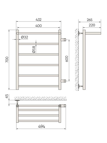 Полотенцесушитель Indigo Line с полочкой 494x700, черный муар
