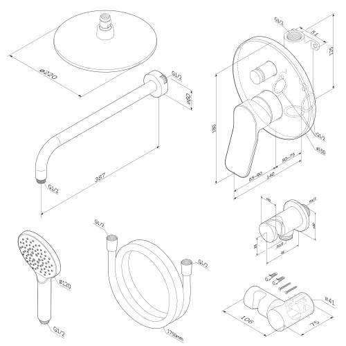 Смеситель для ванны и душа, верхний душ с держателем, душевой набор и шланговое присоединение AM.PM X-Joy хром FB85A1RH20