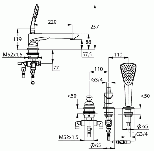Смеситель для ванны Kludi Balance 524470575 хром, на 3 отверстия, не повротныйй излив (220мм)
