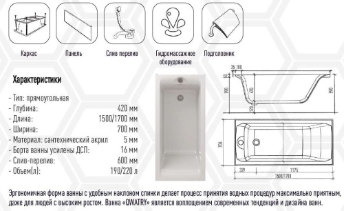 Акриловая ванна Eurolux QWATRY 170х70 E1017070030