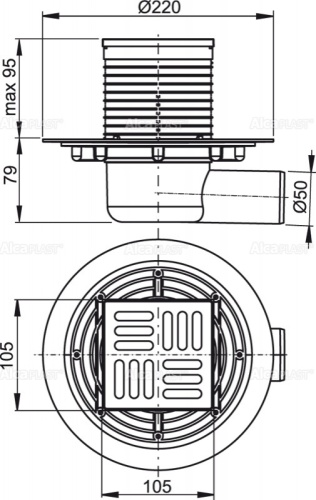Сливной трап Alcaplast 105х105/50 мм, боковая подводка, решетка из нержавеющей стали, гидрозатвор мокрый APV101