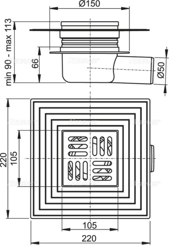Сливной трап Alcaplast 105х105/50 мм, боковая подводка, решетка из нержавеющей стали, воротник – 2–х уровневая изоляция, гидрозатвор – сухой, для установки снаружи APV26C