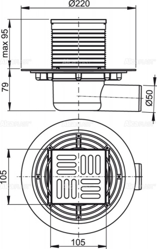 Сливной трап Alcaplast 105х105/50 мм, боковая подводка, решетка из нержавеющей стали, комбинированный гидрозатвор SMART APV1321