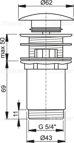 Выпуск Alcaplast 5/4", для раковины, механизм click/clack, цельнометаллический с переливом, с большой белой заглушкой A392B