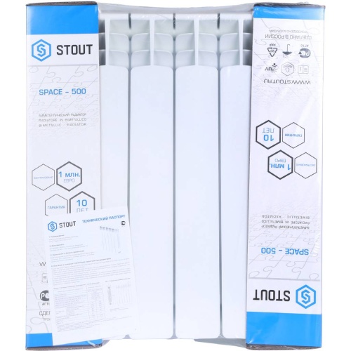 Биметаллический радиатор STOUT Space 500 - 6 секций, нижнее справа, белый RAL 9016