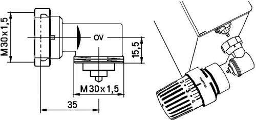 Угловой адаптер М 30 х 1,5, белый Oventrop