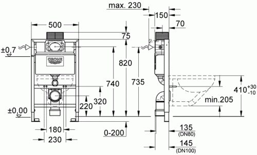 Инсталляция Grohe 38526000 Rapid SL высота 82 см для подвесных унитазов