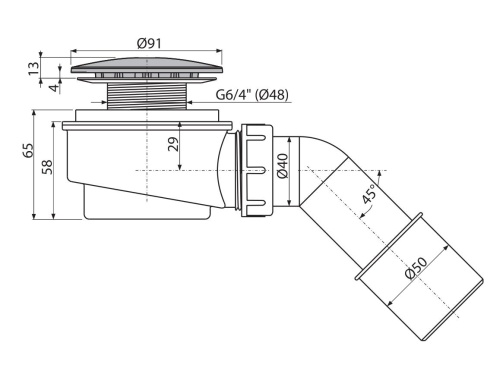 Выпускной комплект Alcaplast d 60 мм, для душевого поддона, заниженный, хромированный пластик A471CRPR.60