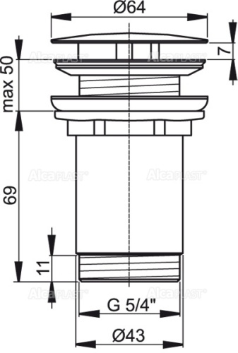 Выпуск Alcaplast 5/4, для раковины, цельнометаллический с большой пробкой, для раковин без перелива A396
