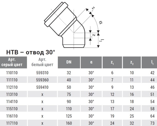 Отвод 40x30° PP HTB Ostendorf внутренняя канализация