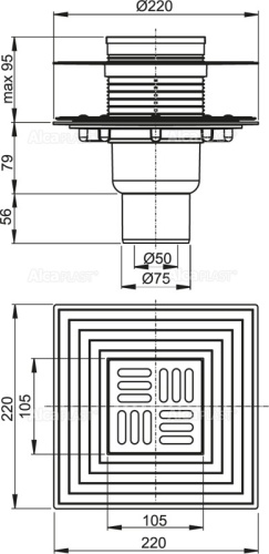 Сливной трап Alcaplast 105х105/50/75 мм, прямая подводка, решетка и фланец из нержавеющей стали, воротник – 2–х уровневая изоляция, гидрозатвор – сухой и мокрый APV4344